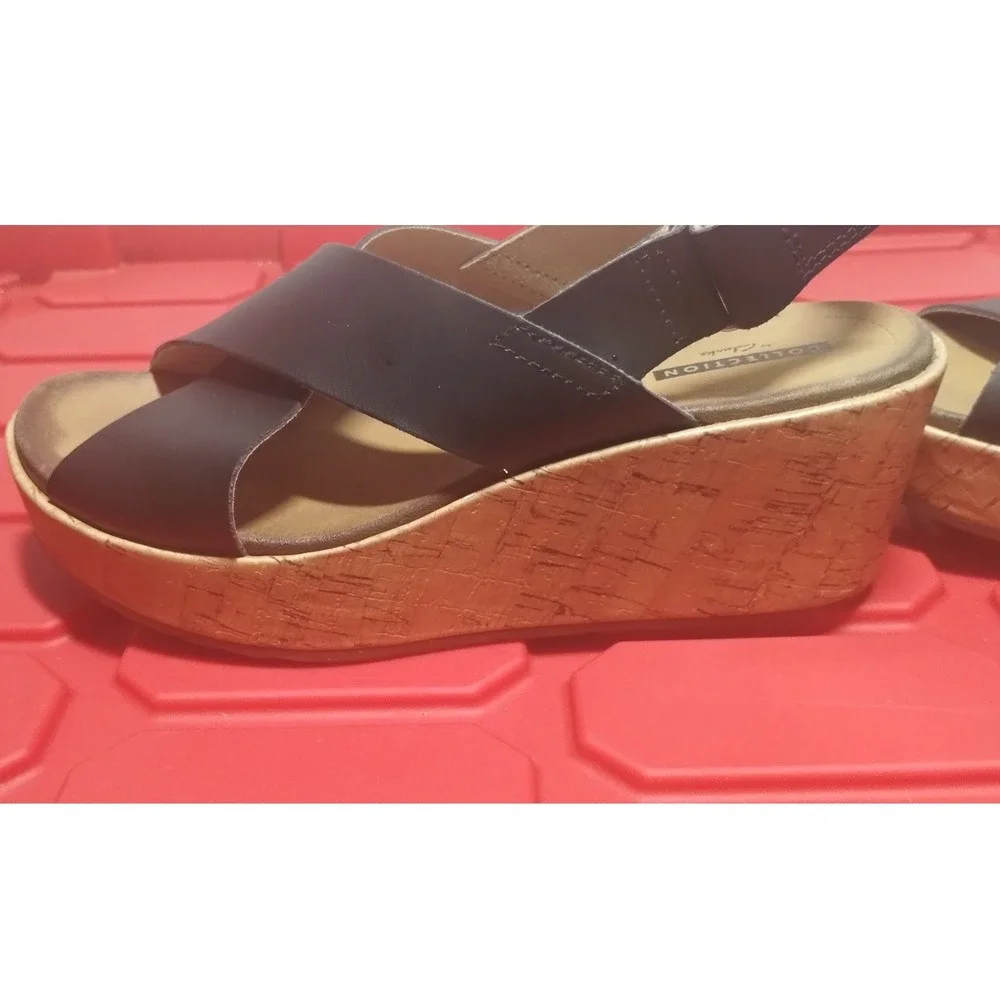 Clarks Collection Brown Faux Leather Cork Wedge Slingback Sandals Womens 6.5 M